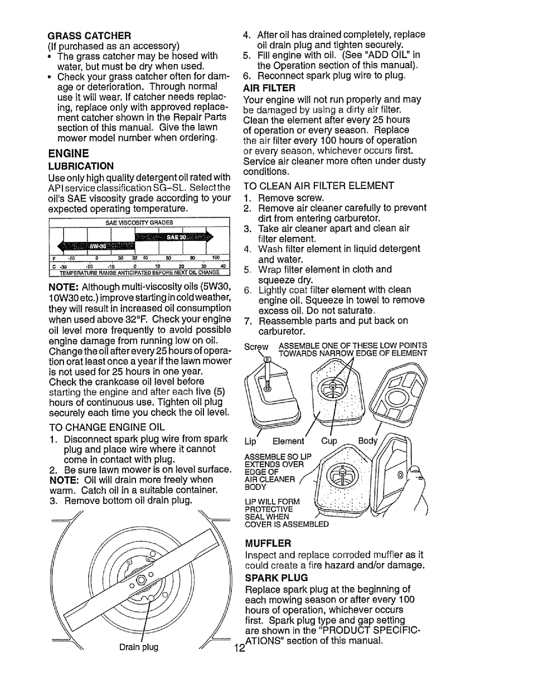 Craftsman 917.385125 owner manual Grass Catcher, Engine Lubrication, To Change Engine OIL, Muffler 