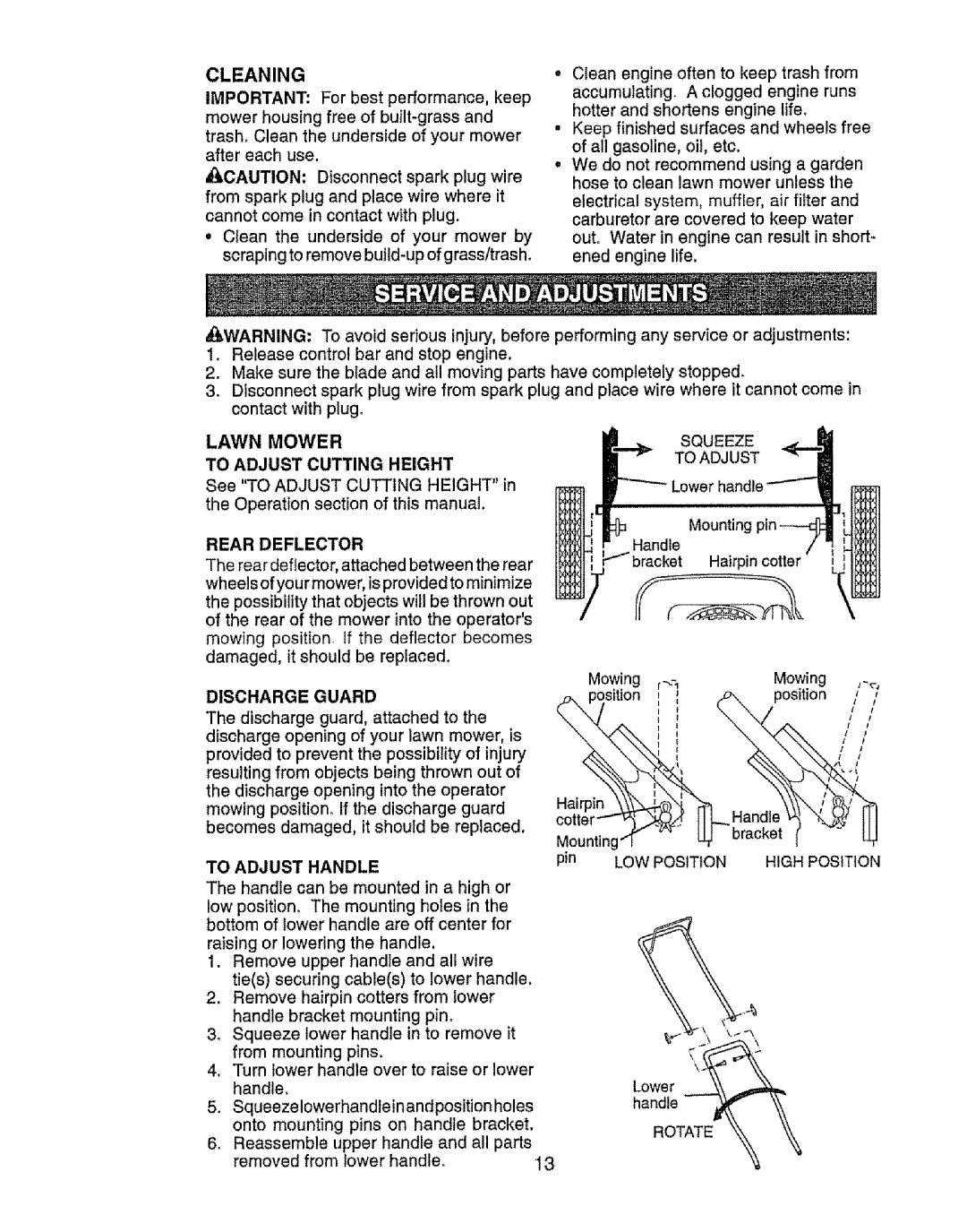 Craftsman 917.385125 owner manual Cleaning, Rear Deflector, Discharge Guard, To Adjust Handle 