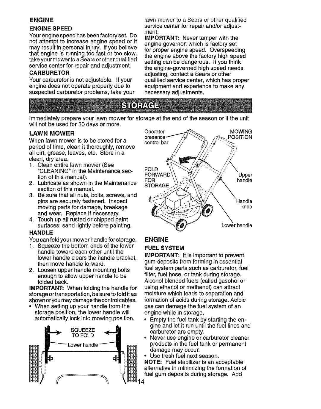 Craftsman 917.385125 owner manual Carburetor, Handle, Fuel System, Squeeze To Fold, Fold Forwar Storage 