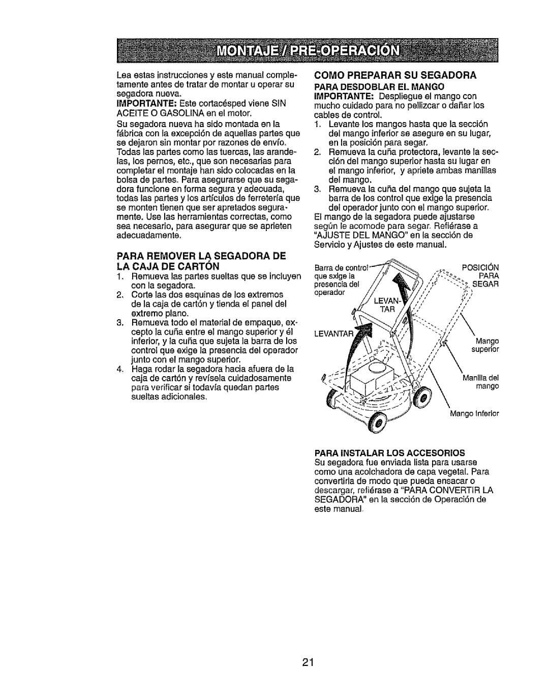 Craftsman 917.385125 Para Remover LA Segadora DE LA Caja DE Carton, Como Preparar SU Segadora Para Desdoblar EL Mango 