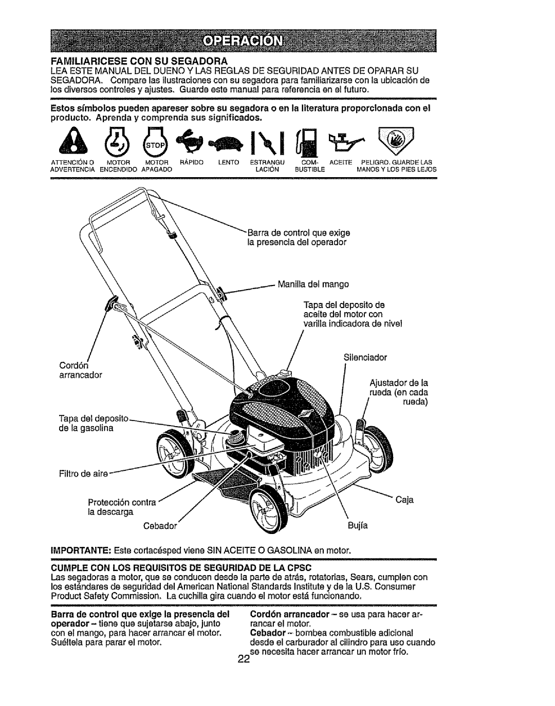 Craftsman 917.385125 owner manual Cumple CON LOS Requisitos DE Seguridad DE LA Cpsc, Motor 