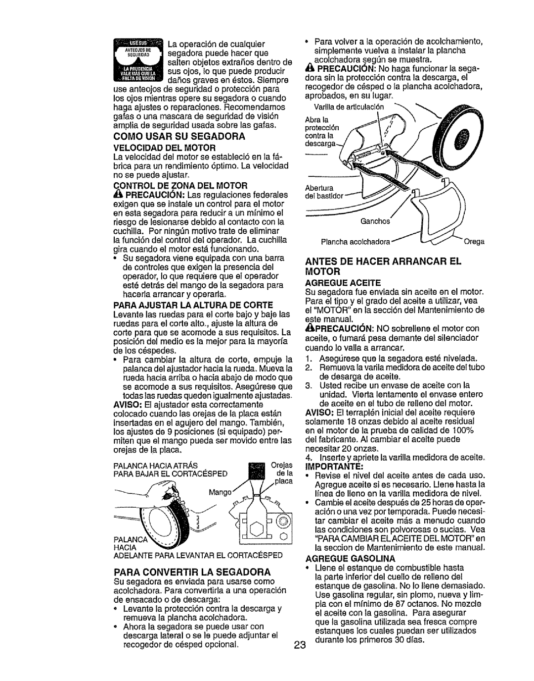 Craftsman 917.385125 Como Usar SU Segadora Velocidad DEL Motor, Para Ajustar LA Altura DE Corte, Agregue Gasolina 