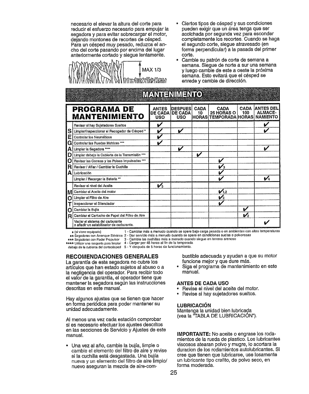 Craftsman 917.385125 Usa usa Horas Temporadahoras Namiento, Recomendaciones Generales, Antes DE Cada usa, Lubricacion 