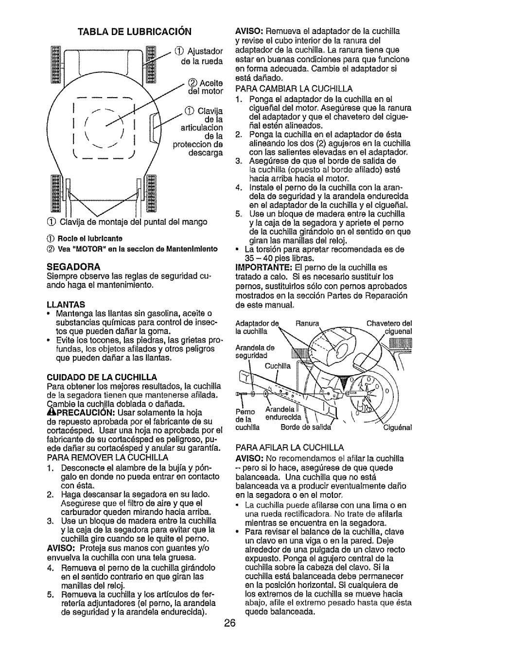 Craftsman 917.385125 owner manual Tabla DE Lubricacion, Llantas, Cuidado DE LA Cuchilla 