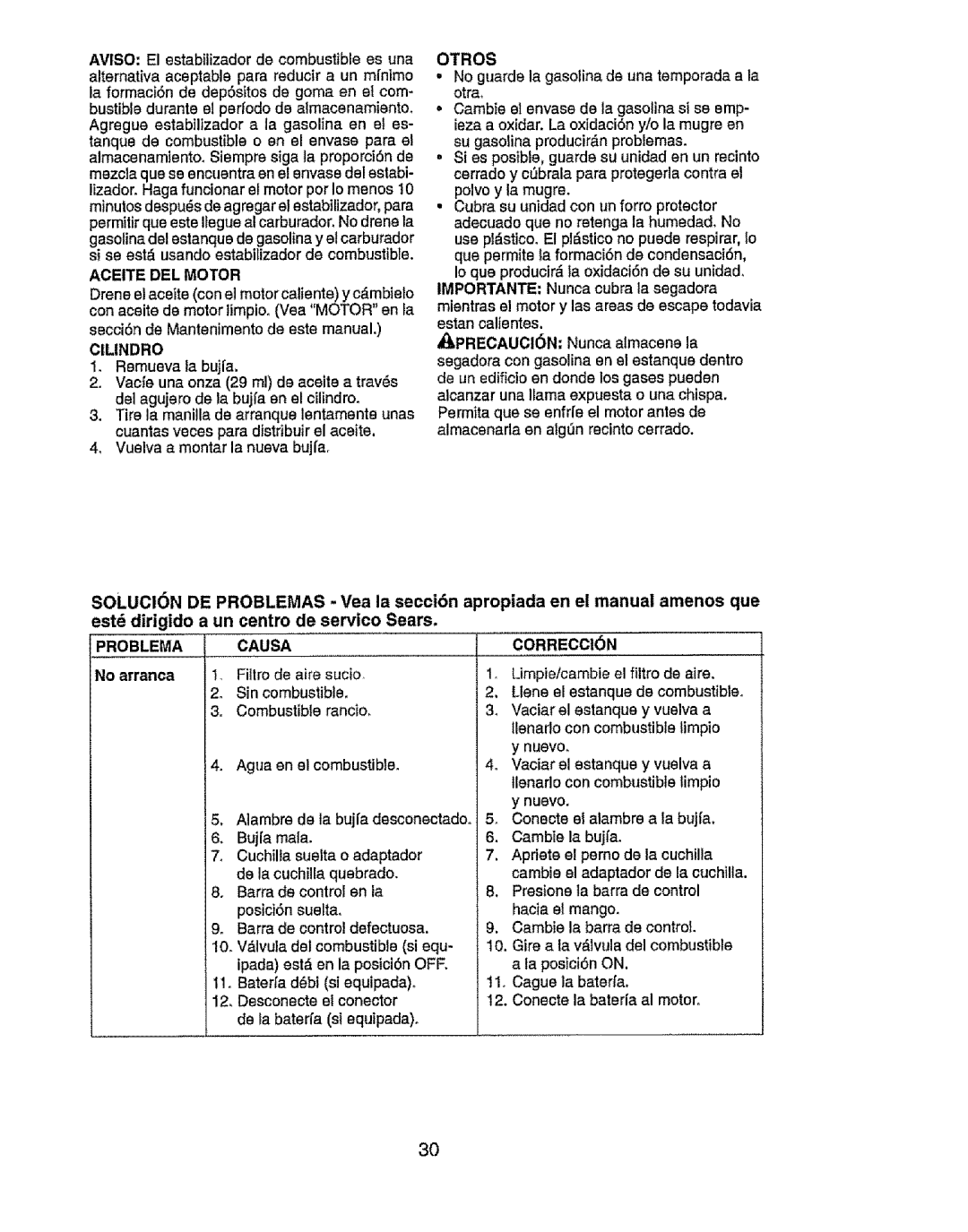 Craftsman 917.385125 owner manual Aceite DEL Motor, Cilindro, Otros, Problema Causa, CORRECC16N 