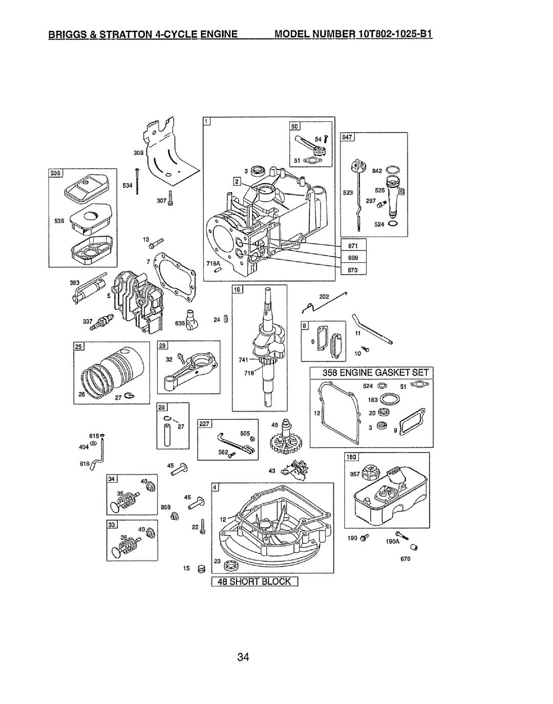 Craftsman 917.385125 owner manual Briggs & Stratton 4-CYCLE Engine, Model Number 10TS02-1025B1, Short Block 