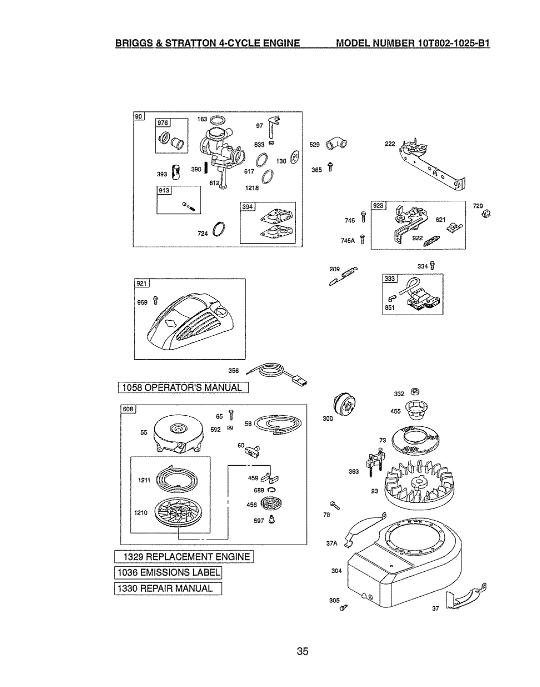 Craftsman 917.385125 Brigggs & Stratton 4-CYCLE Engine, Model Number 10T802-1025-B1, Operators Manual, Replacement Engine 