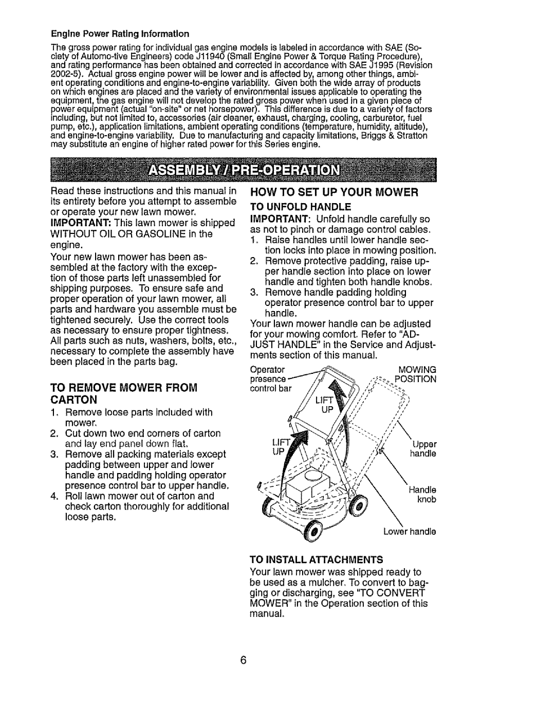 Craftsman 917.385125 owner manual To Unfold Handle, Engine Power Rating Information, To Install Attachments 