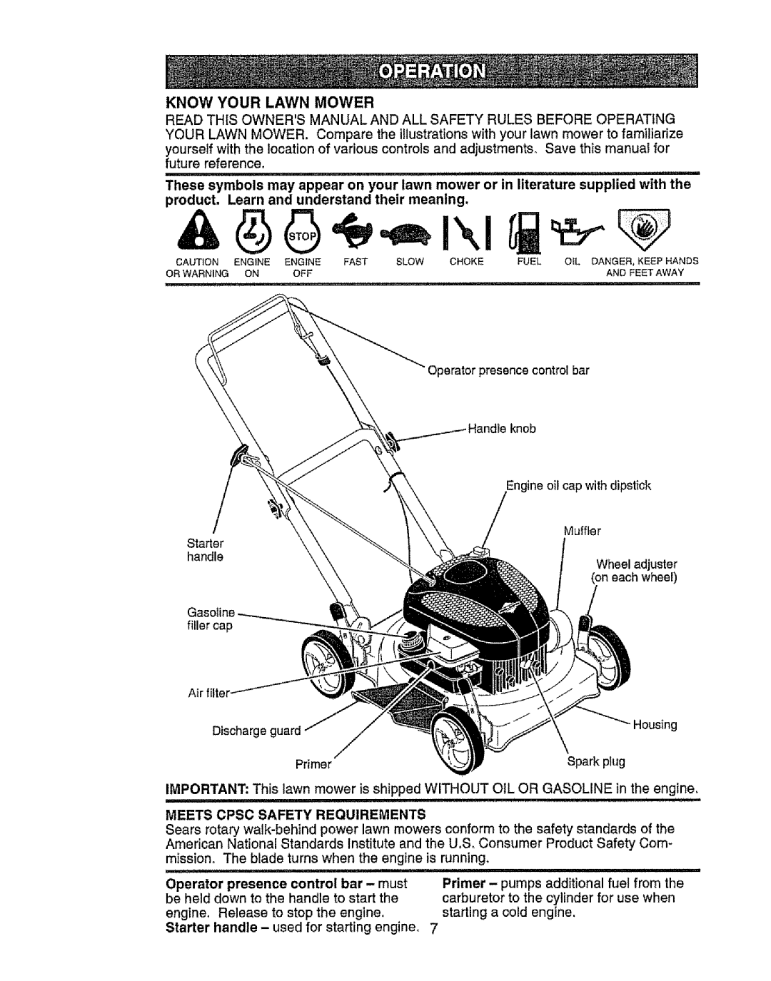 Craftsman 917.385125 owner manual Know Your Lawn Mower, Meets Cpsc Safety Requirements, Starter 