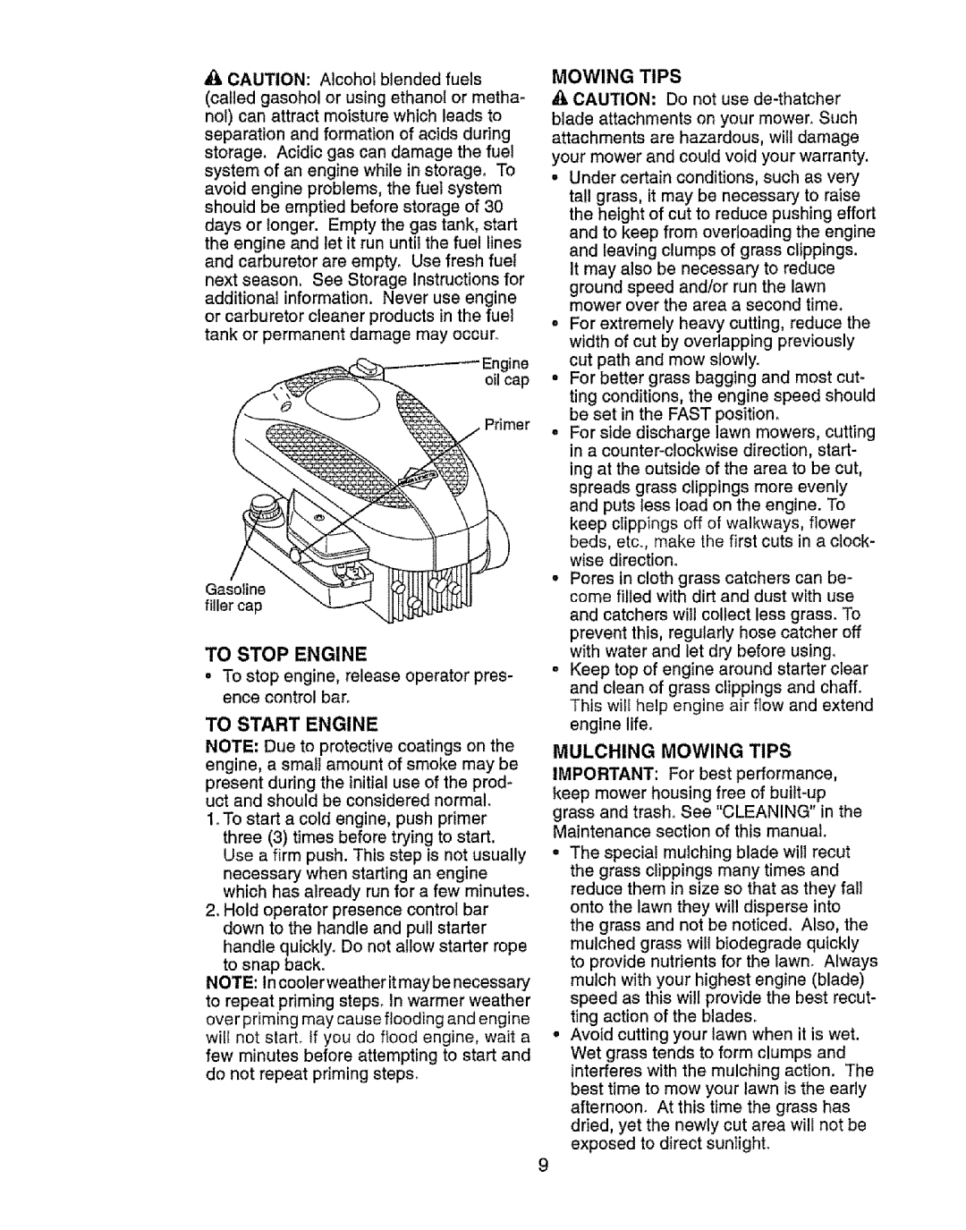 Craftsman 917.385125 owner manual To Stop Engine, To Start Engine, Mulching Mowing Tips, Primer 