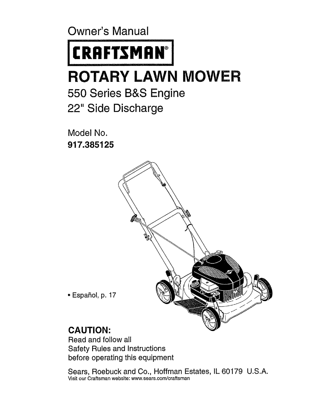 Craftsman 917.385125 owner manual Owners Manual, Series B&S Engine 22 Side Discharge, Model No, Craftsman 
