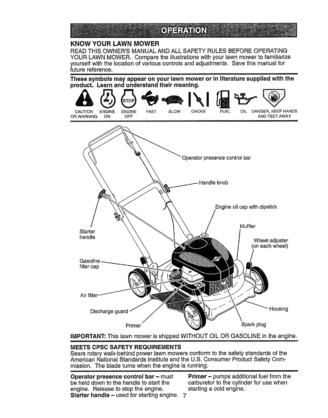 Craftsman 917.385125 owner manual Know Your Lawn Mower, Meets Cpsc Safety Requirements 
