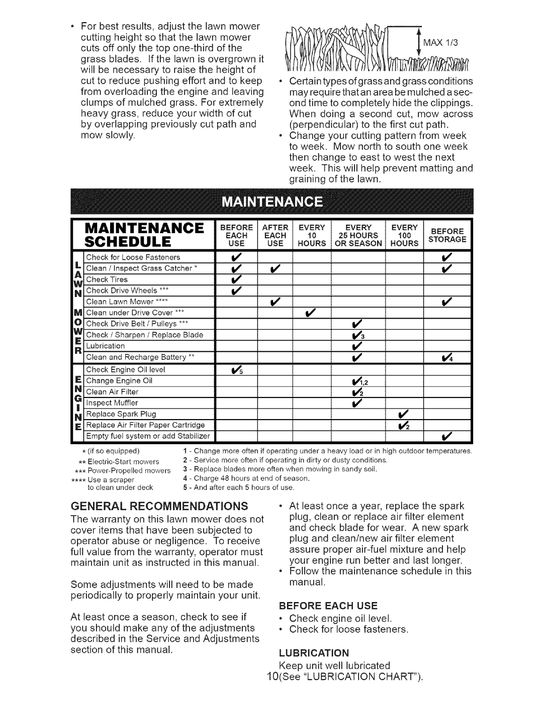 Craftsman 917.385126 manual General Recommendations, Before Each USE, Lubrication 