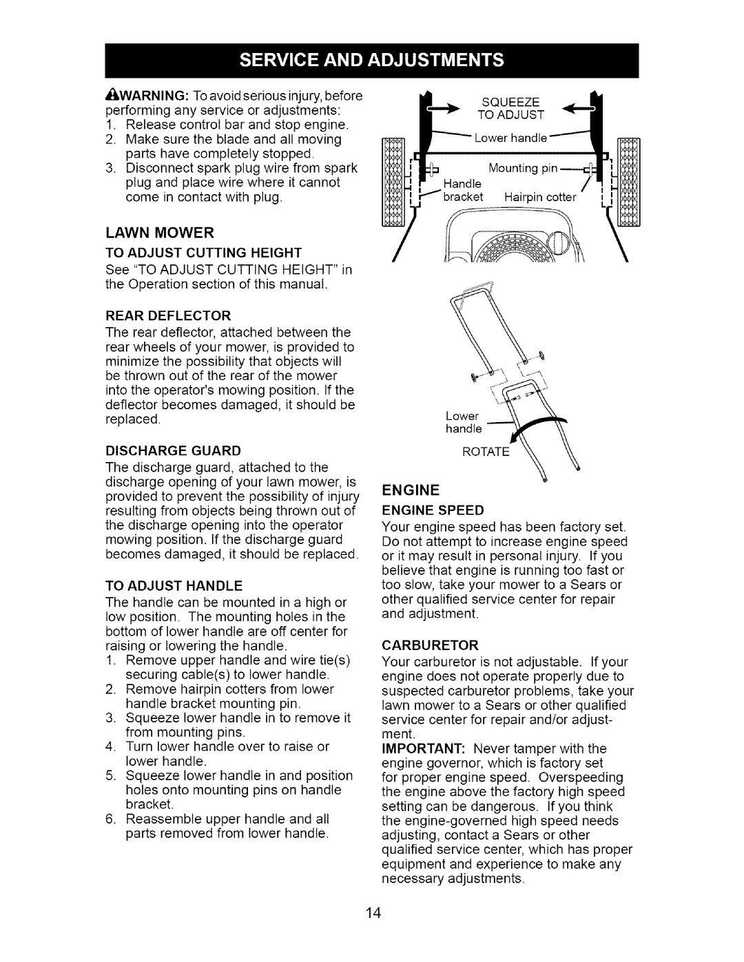 Craftsman 917.38514 Lawn Mower To Adjust Cutting Height, Rear Deflector, Discharge Guard, To Adjust Handle, Rotate 