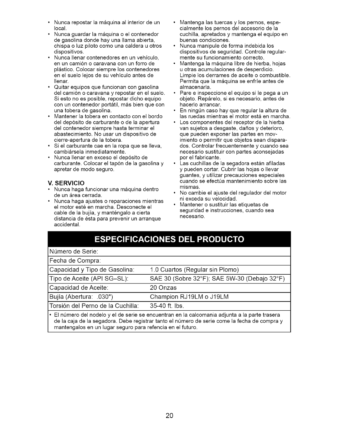 Craftsman 917.38514 owner manual Servicio, Sae, RJ 19LM 