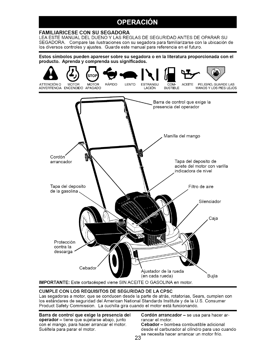 Craftsman 917.38514 owner manual Familiaricese CON SU Segadora, Cumple CON LOS Requisitos DE Seguridad DE LA Cpsc 