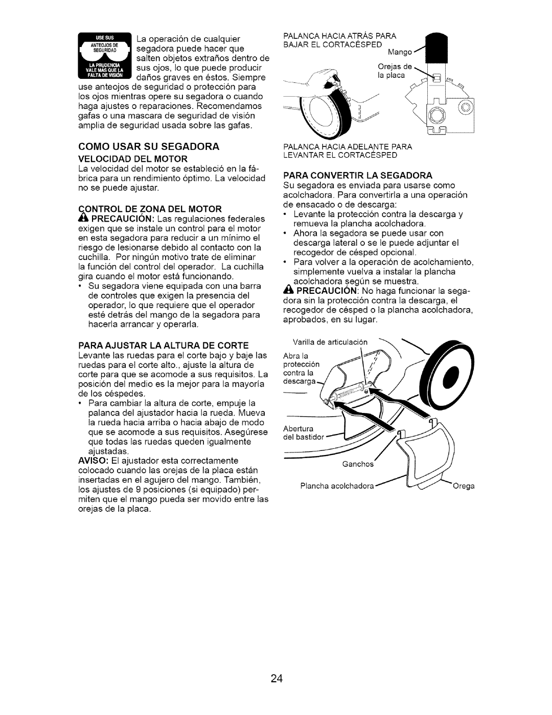 Craftsman 917.38514 owner manual Como Usar SU Segadora, Velocidad DEL Motor, Para Convertir LA Segadora 