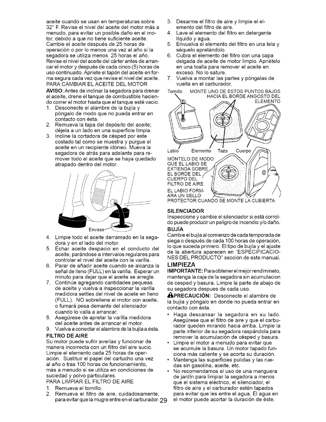 Craftsman 917.38514 owner manual Paracambiarelaceitedelmotor, Bujja, Filtro DE Aire, Limpieza 