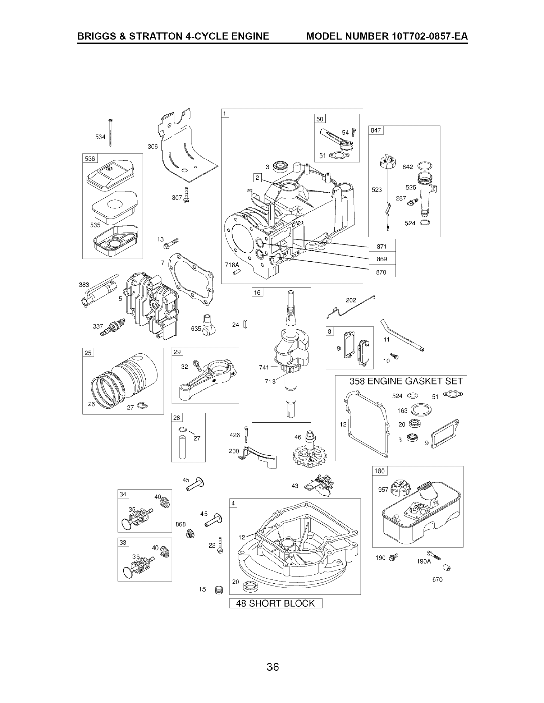 Craftsman 917.38514 owner manual Briggs & Stratton 4-CYCLE Engine Model Number 10T702-0857-EA, Short Block J 