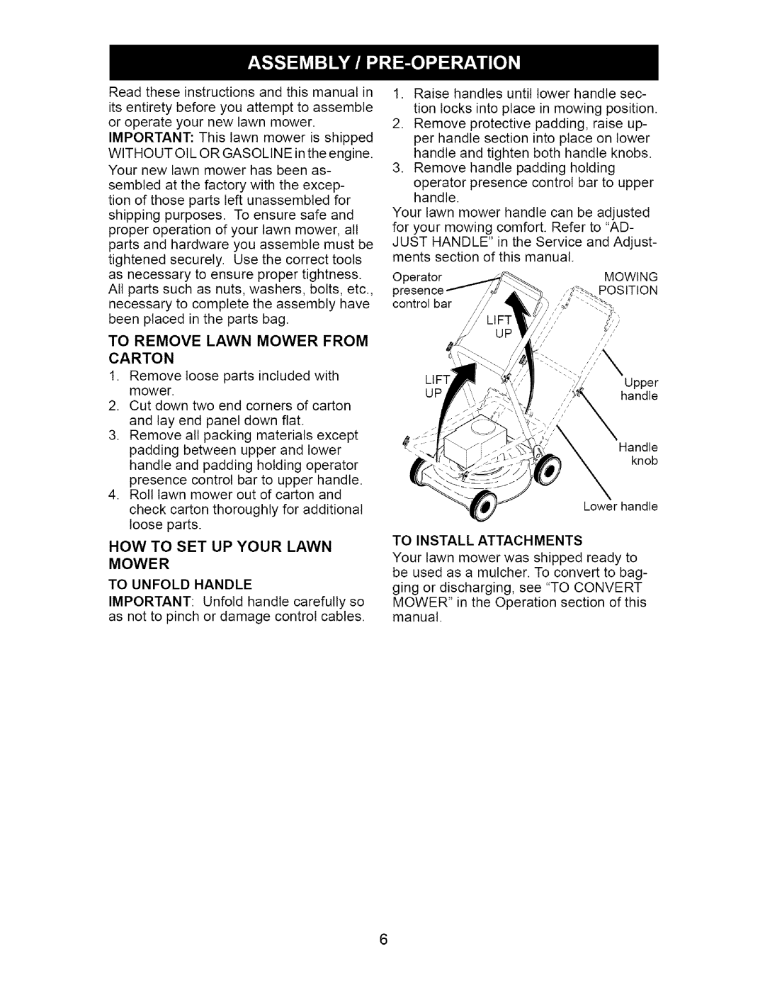 Craftsman 917.38514 owner manual HOW to SET UP Your Lawn Mower, To Remove Lawn Mower from Carton, To Unfold Handle 