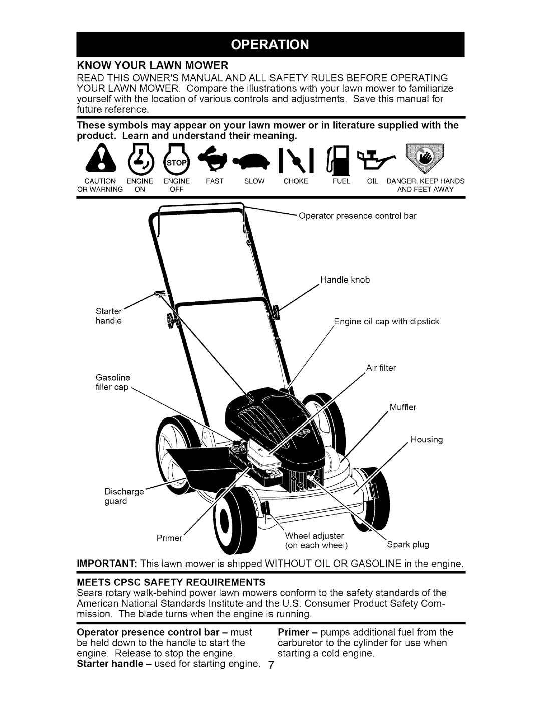 Craftsman 917.38514 owner manual Know Your Lawn Mower, Meets Cpsc Safety Requirements 