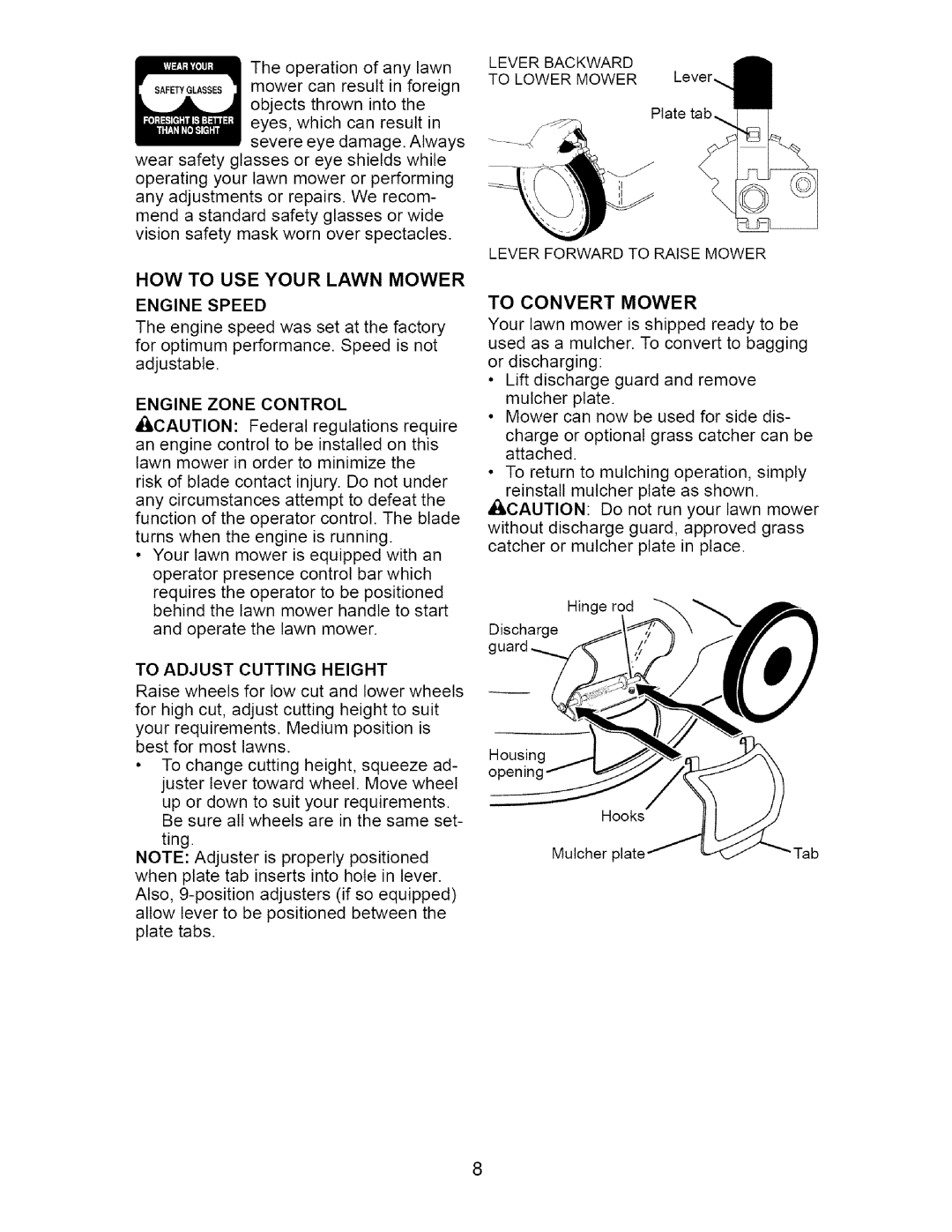 Craftsman 917.38514 owner manual Engine Speed, Engine Zone Control, To Adjust Cutting Height 