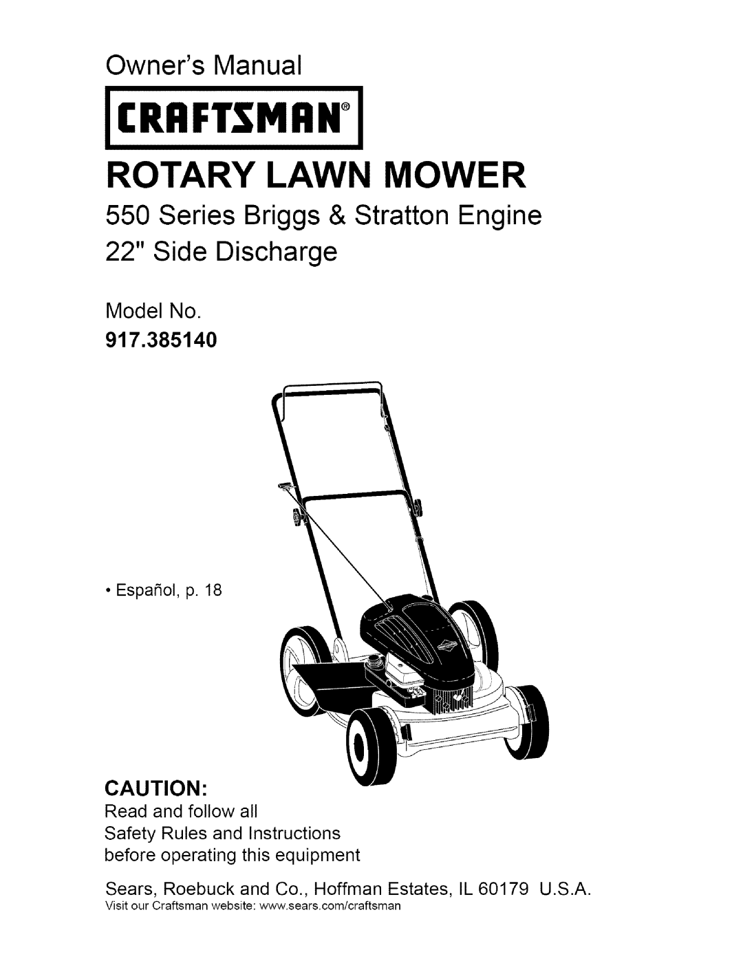 Craftsman 917.38514 owner manual Series Briggs & Stratton Engine, Model No, Crrftsmrn, Rotary Lawn Mower, Side Discharge 