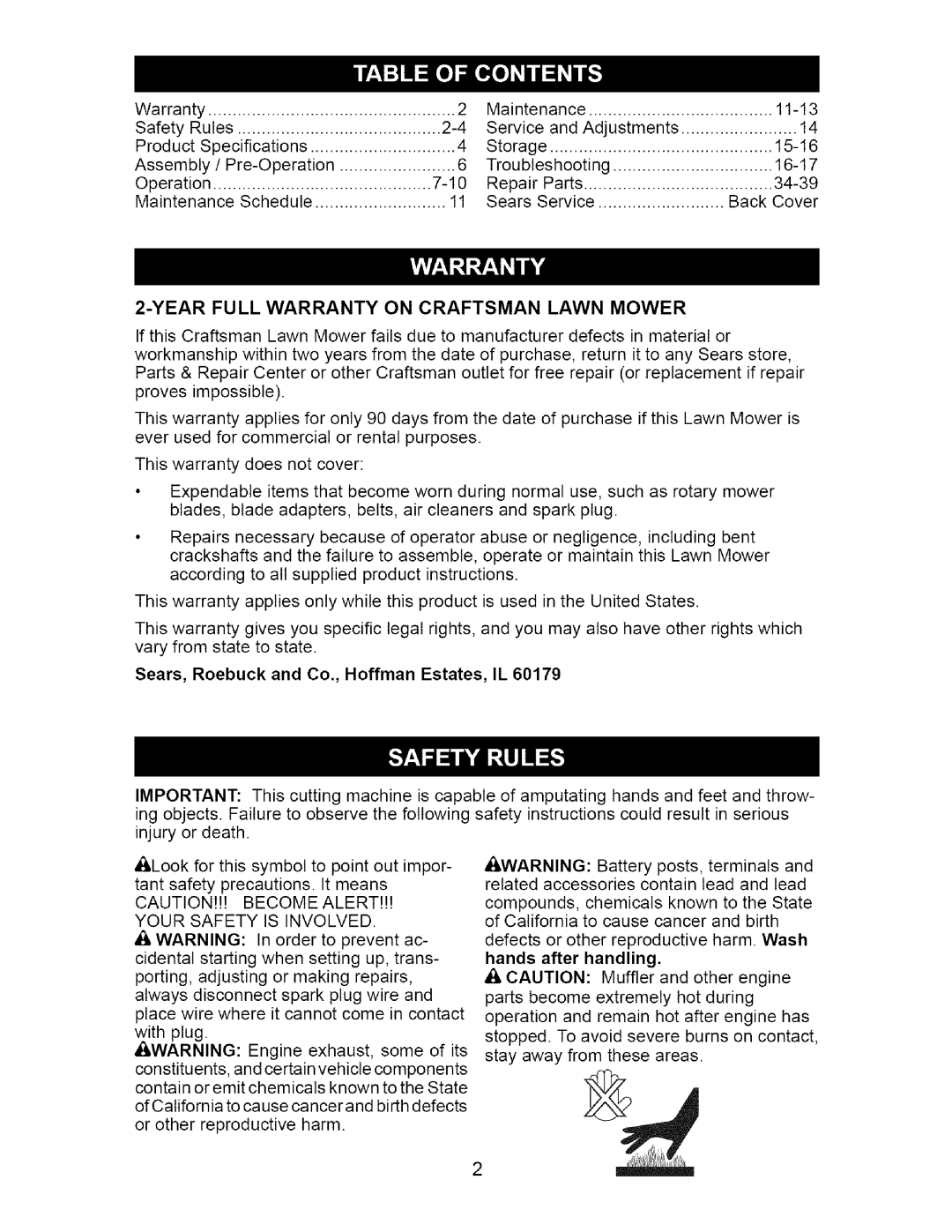 Craftsman 917.38514 owner manual Yearfull Warranty On Craftsman Lawn Mower, Sears, Roebuck and Co., Hoffman Estates, IL 