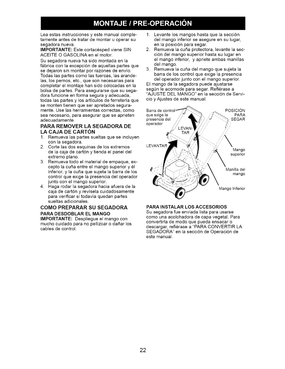 Craftsman 917.38514 owner manual Como Preparar Su Segadora Para Desdoblar El Mango, Para Instalar Los Accesorios 