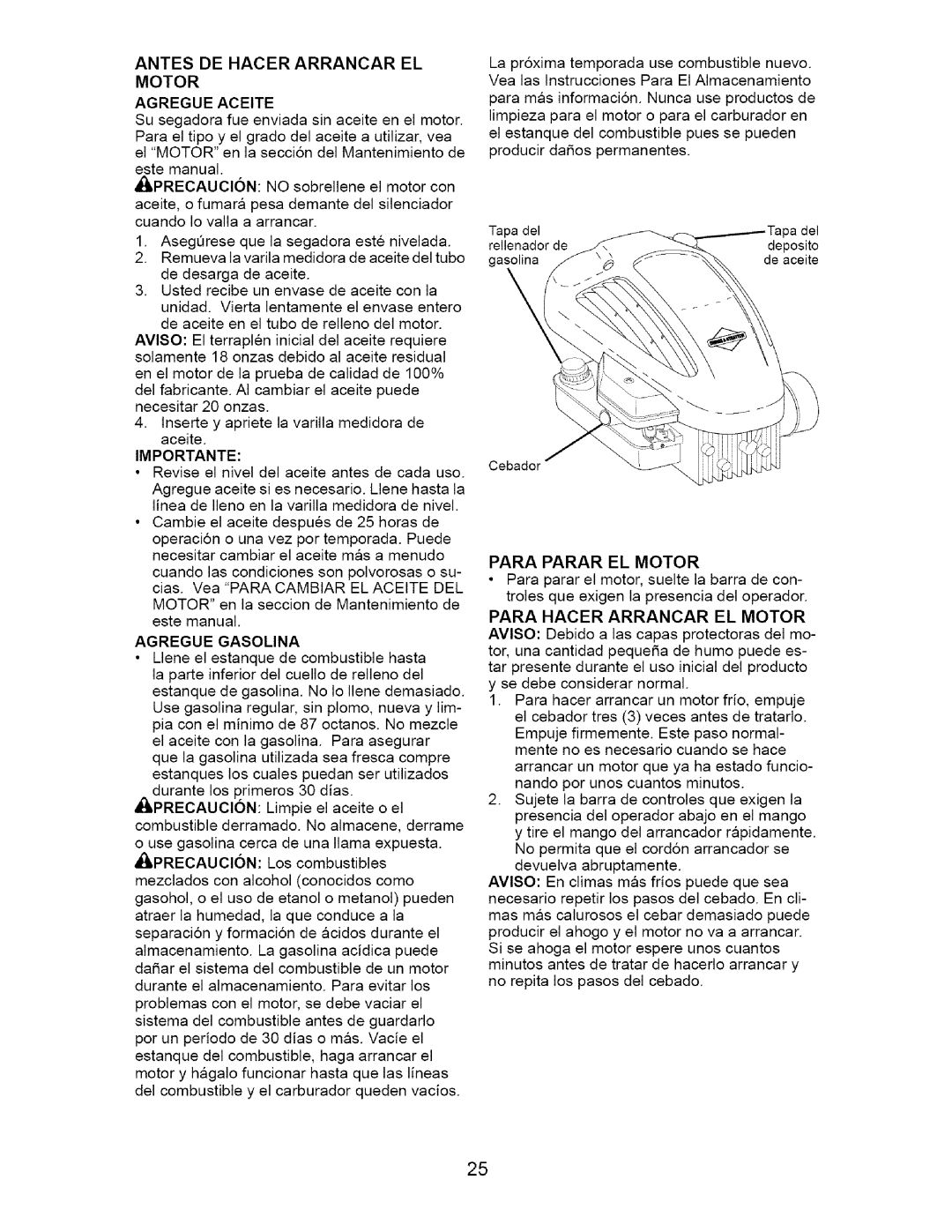 Craftsman 917.38514 owner manual Motor Agregue Aceite, Para Parar El Motor 