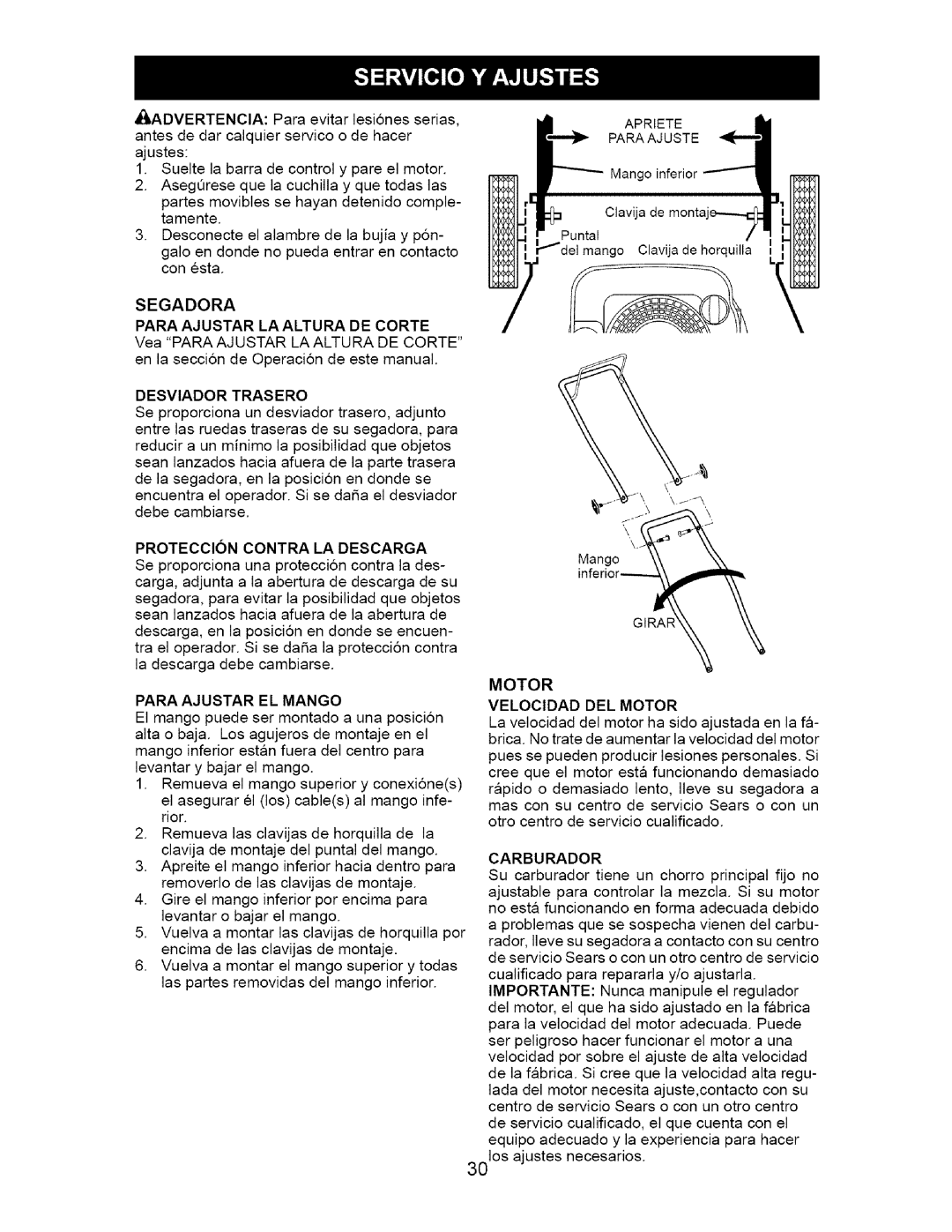 Craftsman 917.385140 owner manual Segadora Para Ajustar LA Altura DE Corte, Para Ajustar EL Mango, Carburador 