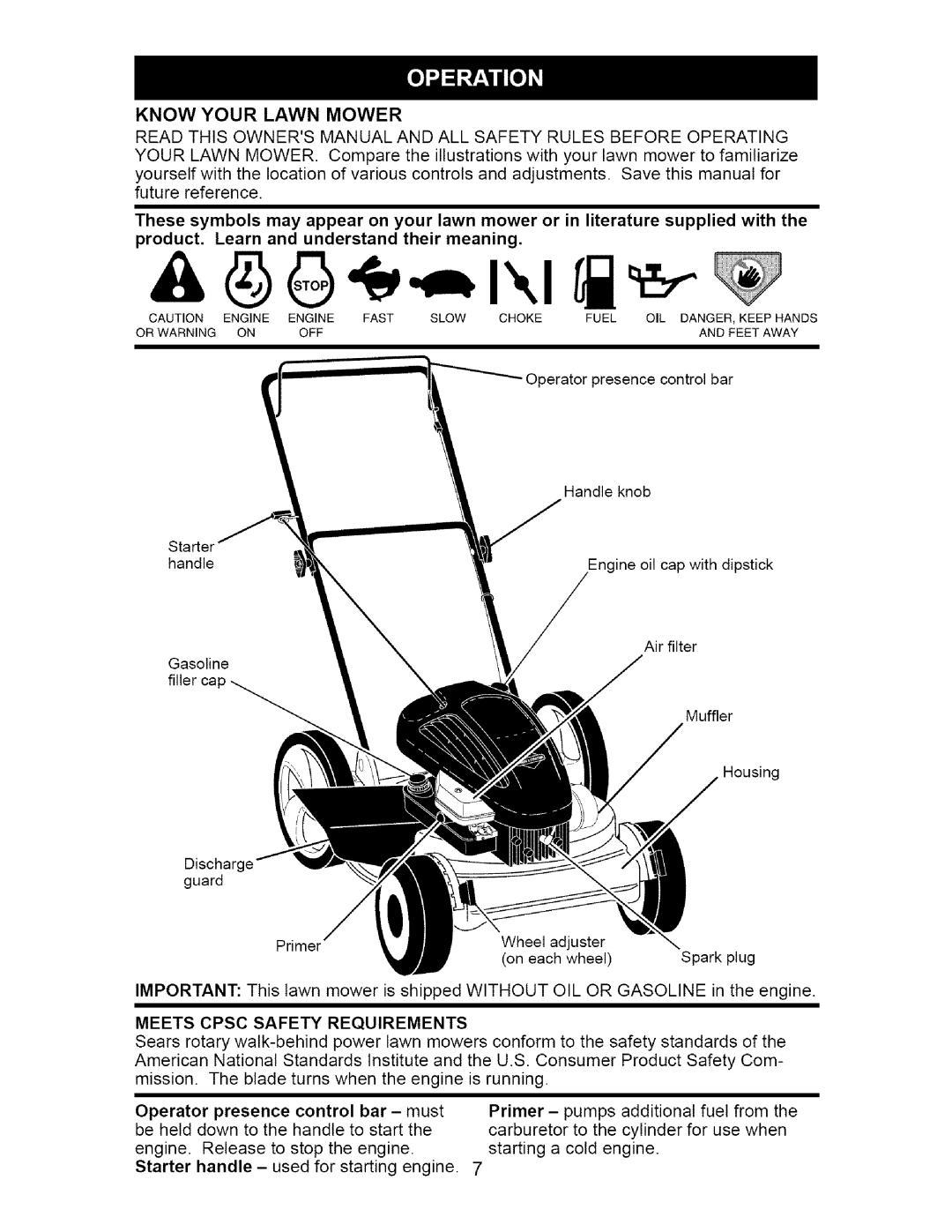 Craftsman 917.385140 Know Your Lawn Mower, product. Learn and understand their meaning, Meets Cpsc Safety Requirements 