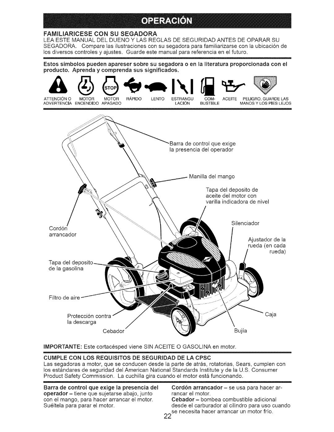 Craftsman 917.385142 owner manual Familiaricese CON SU Segadora 