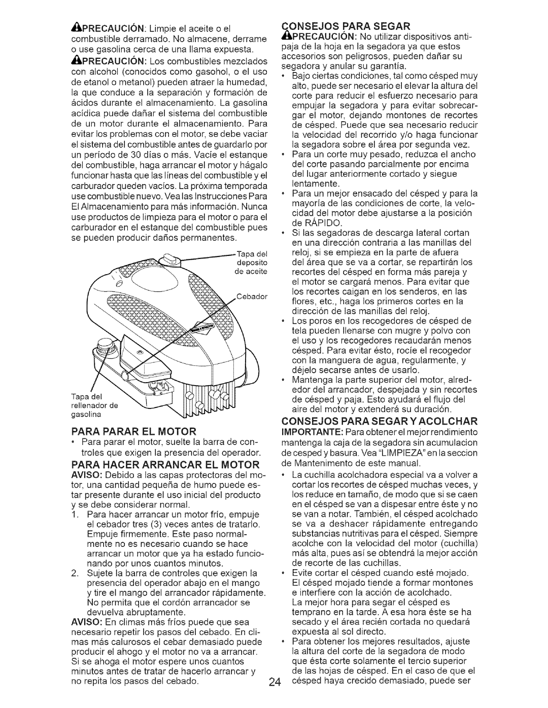 Craftsman 917.385142 owner manual Para Parar EL Motor, Onsejos Para Segar 