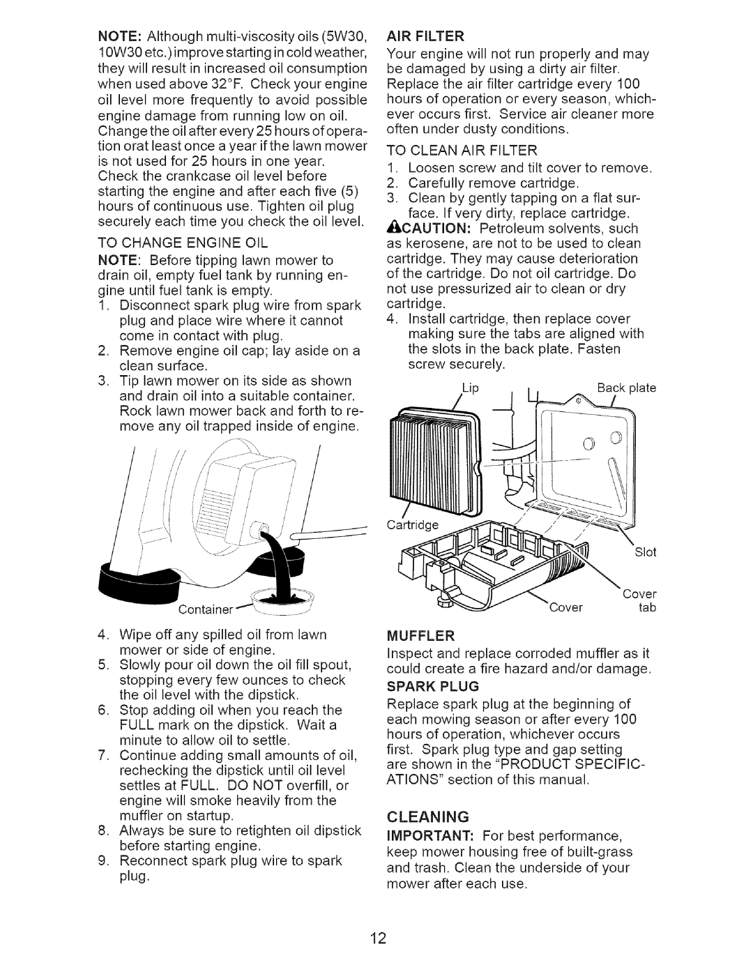 Craftsman 917.38519 owner manual To Change Engine OIL, To Clean AIR Filter, Muffler, Spark Plug 