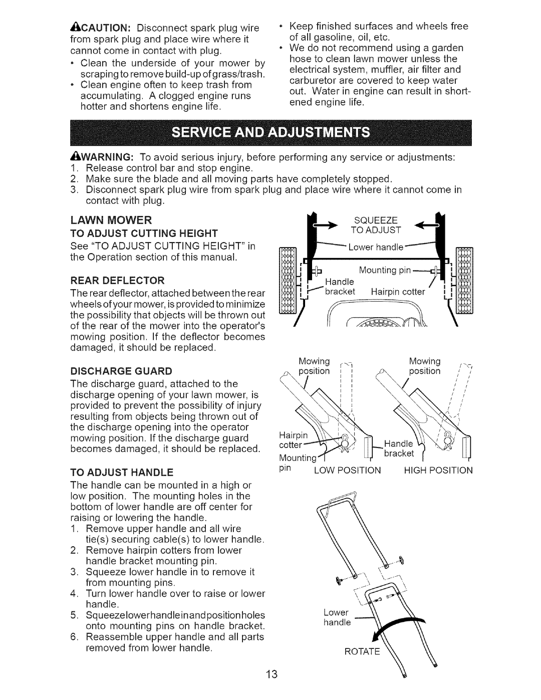 Craftsman 917.38519 Lawn Mower To Adjust Cutting Height, Rear Deflector, To Adjust Handle, Squeeze To Adjust, Rotate 