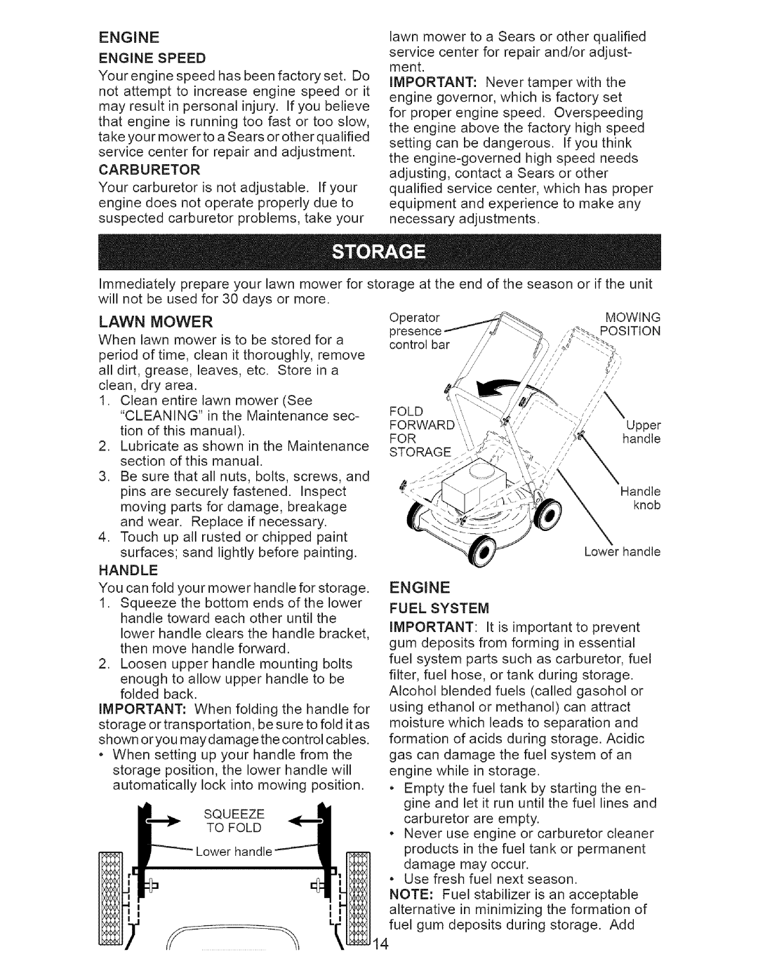 Craftsman 917.38519 owner manual Carburetor, Handle, Squeeze To Fold, Mowing, Position, For, Storage, Engine Fuel System 