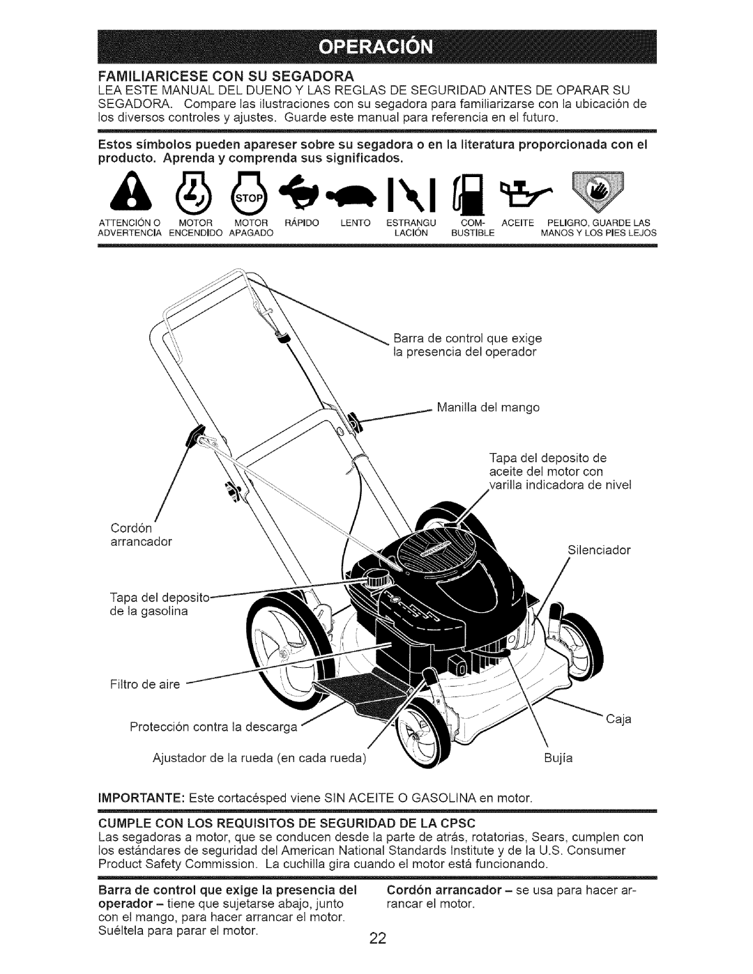 Craftsman 917.38519 owner manual Familiaricese CON SU Segadora, Cumple CON LOS Requisitos DE Seguridad DE LA Cpsc 