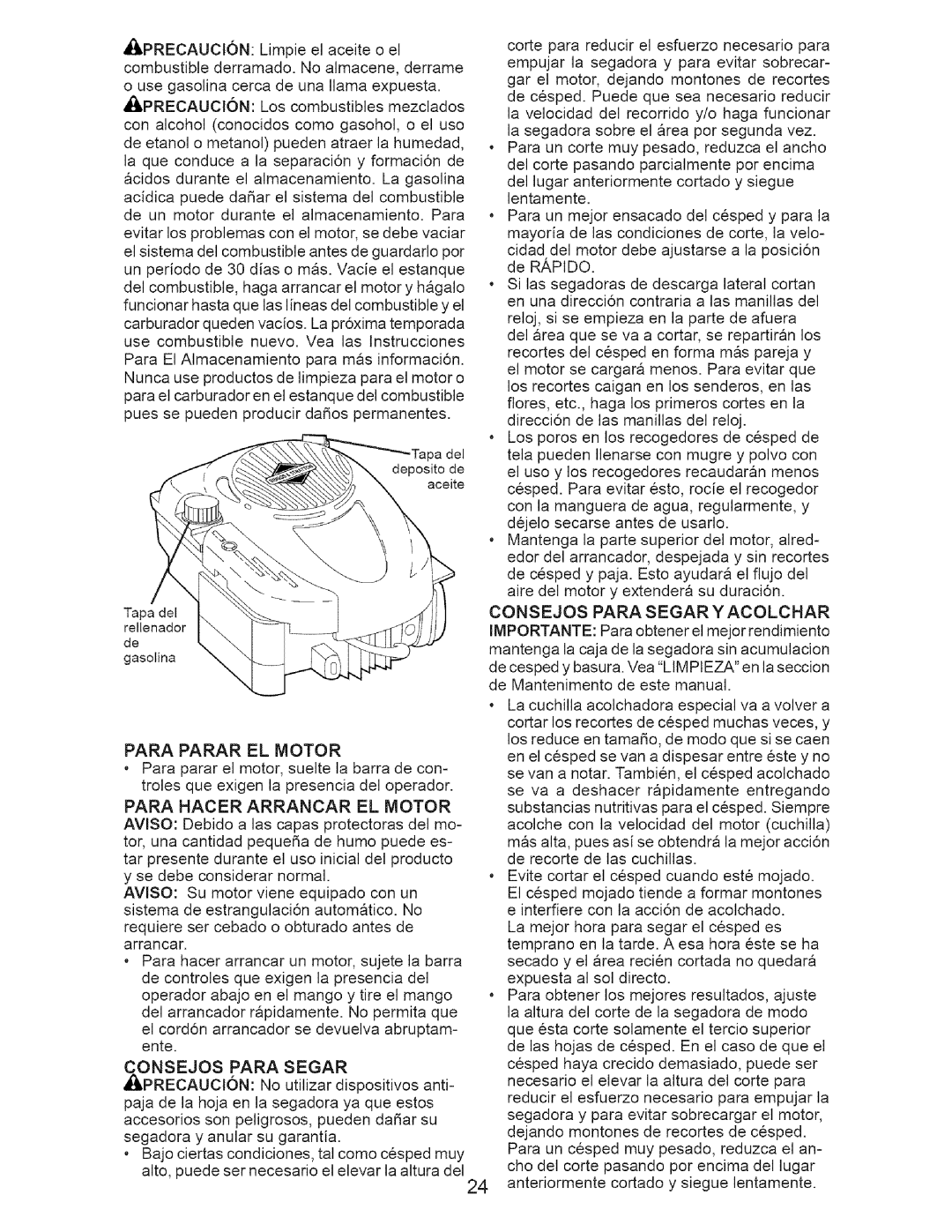 Craftsman 917.38519 owner manual Para Parar EL Motor, Consejos Para Segar 