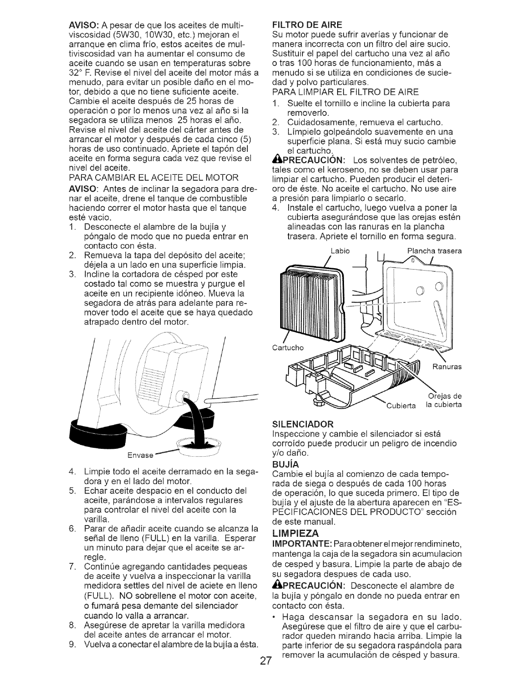 Craftsman 917.38519 owner manual Liivipieza, Filtro DE Aire 