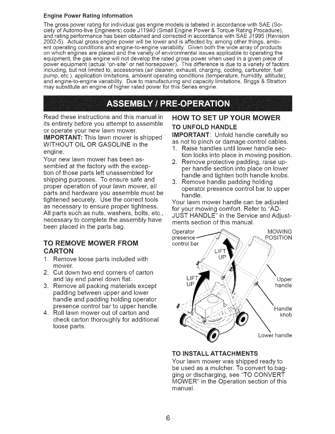 Craftsman 917.38519 owner manual To Remove Mower from Carton, To Unfold Handle, Lift, To Install Attachments 