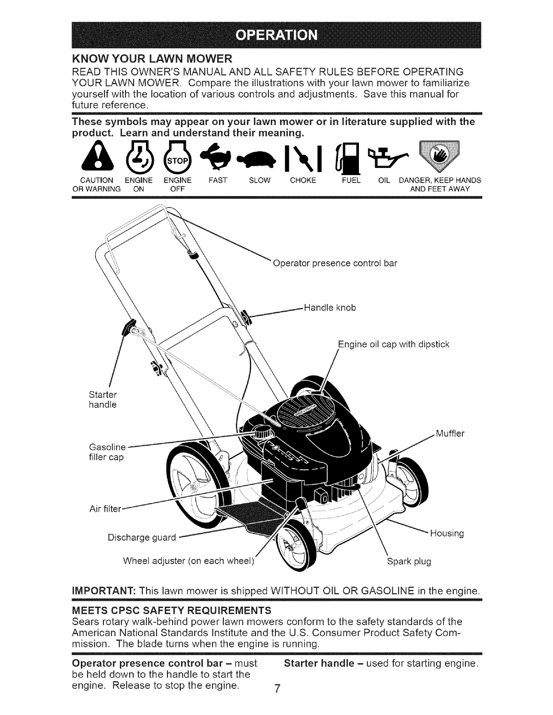 Craftsman 917.38519 owner manual Starter handle = used for starting engine, Meets Cpsc Safety Requirements, Operator 