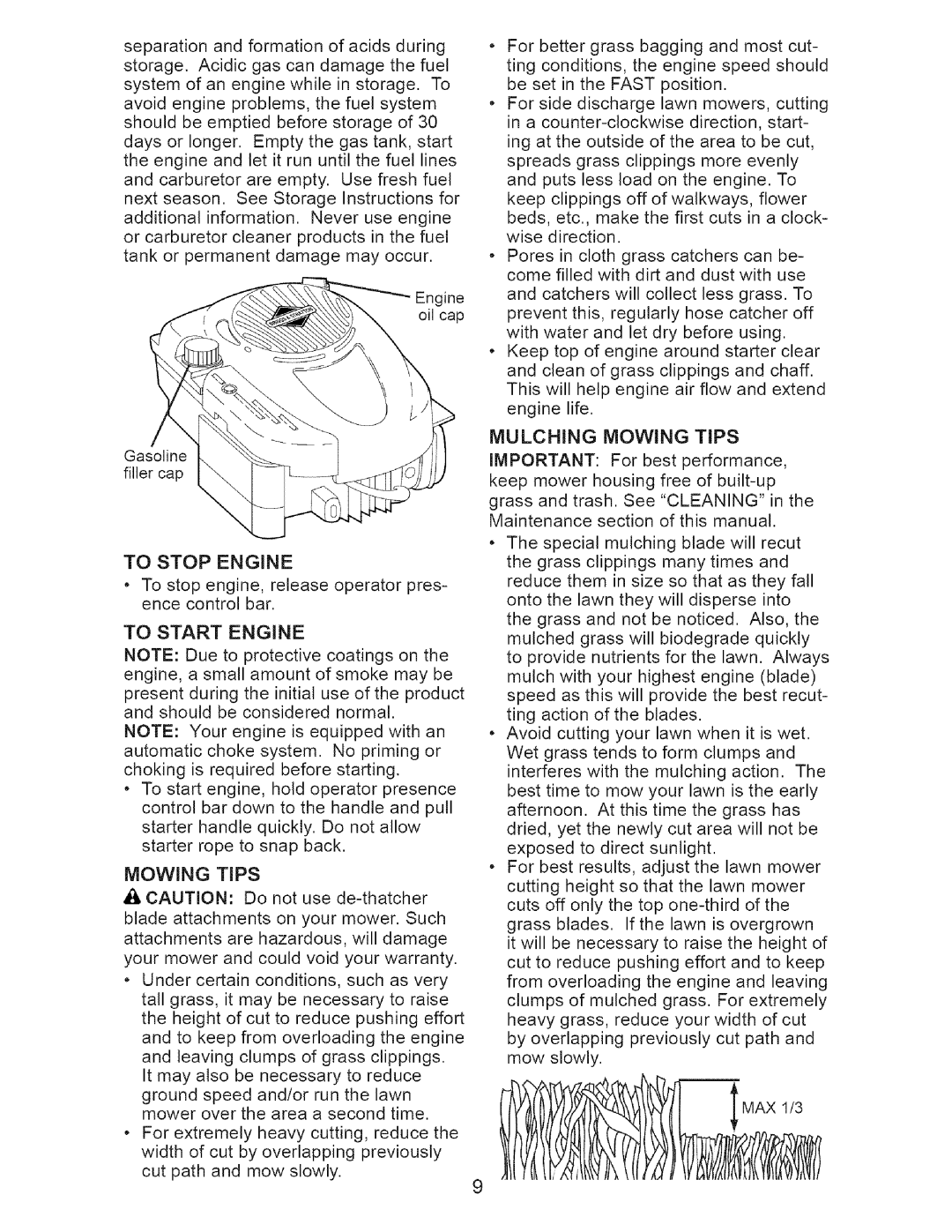 Craftsman 917.38519 To Stop Engine, To stop engine, release operator pres- ence control bar, To Start Engine, Mowing Tips 