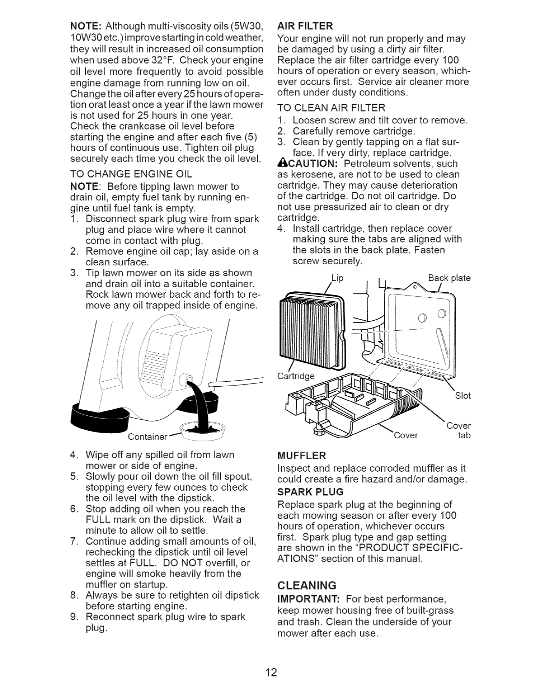 Craftsman 917.38519 owner manual Cleaning 
