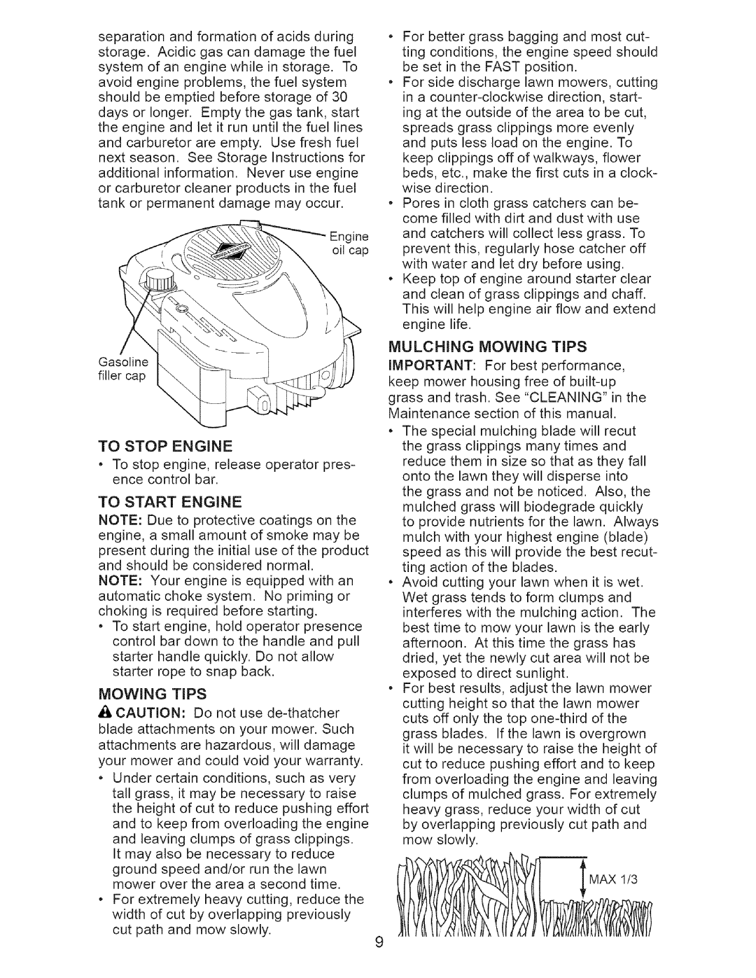 Craftsman 917.38519 owner manual To Stop Engine, Mulching Mowing Tips 
