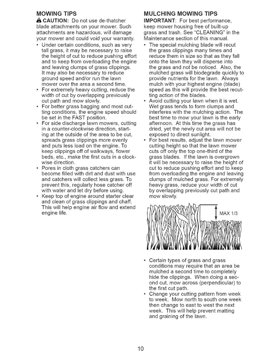 Craftsman 917.385192 owner manual Mulching Mowing Tips 