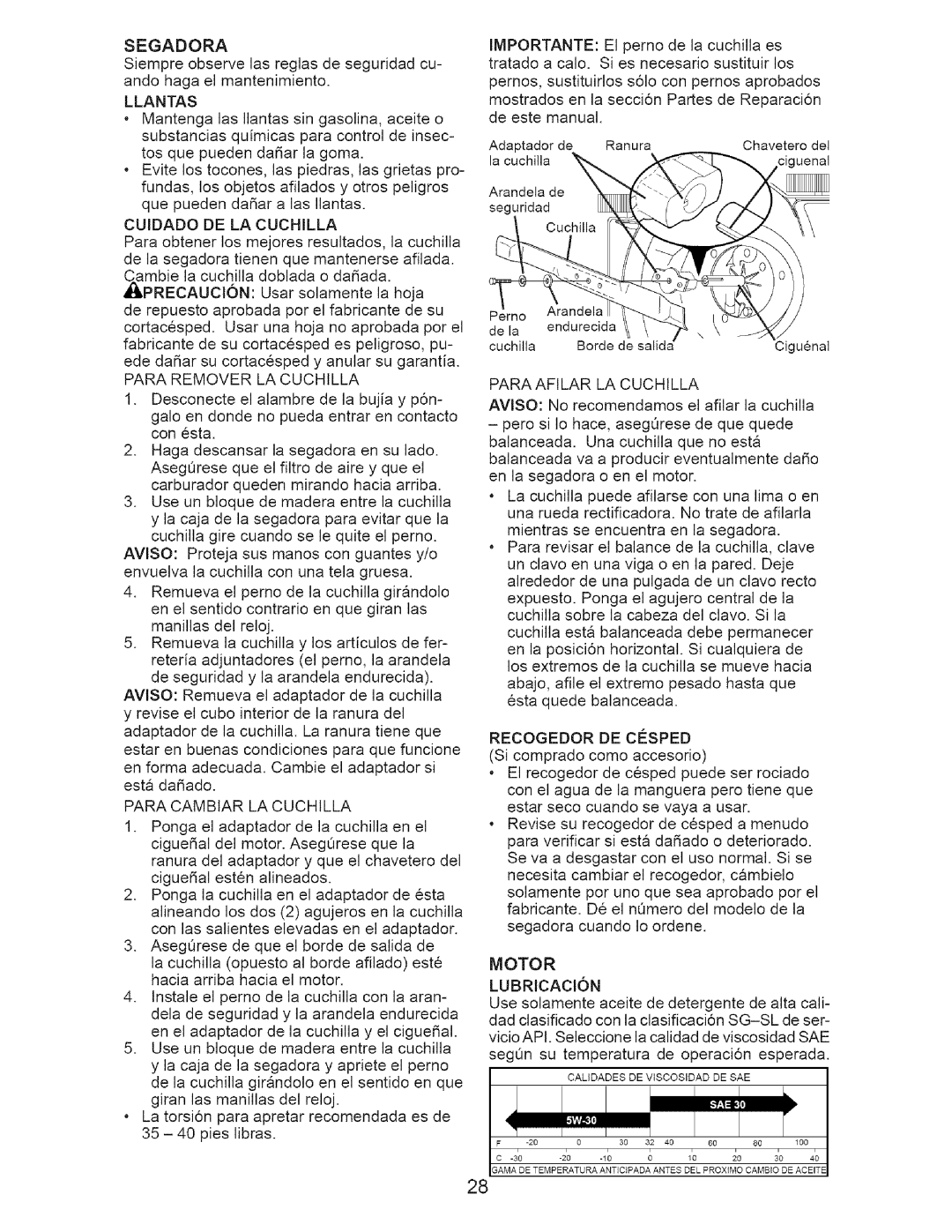 Craftsman 917.385192 owner manual Segadora, Llantas, Cuidado DE LA Cuchilla, Motor Lubricacion 