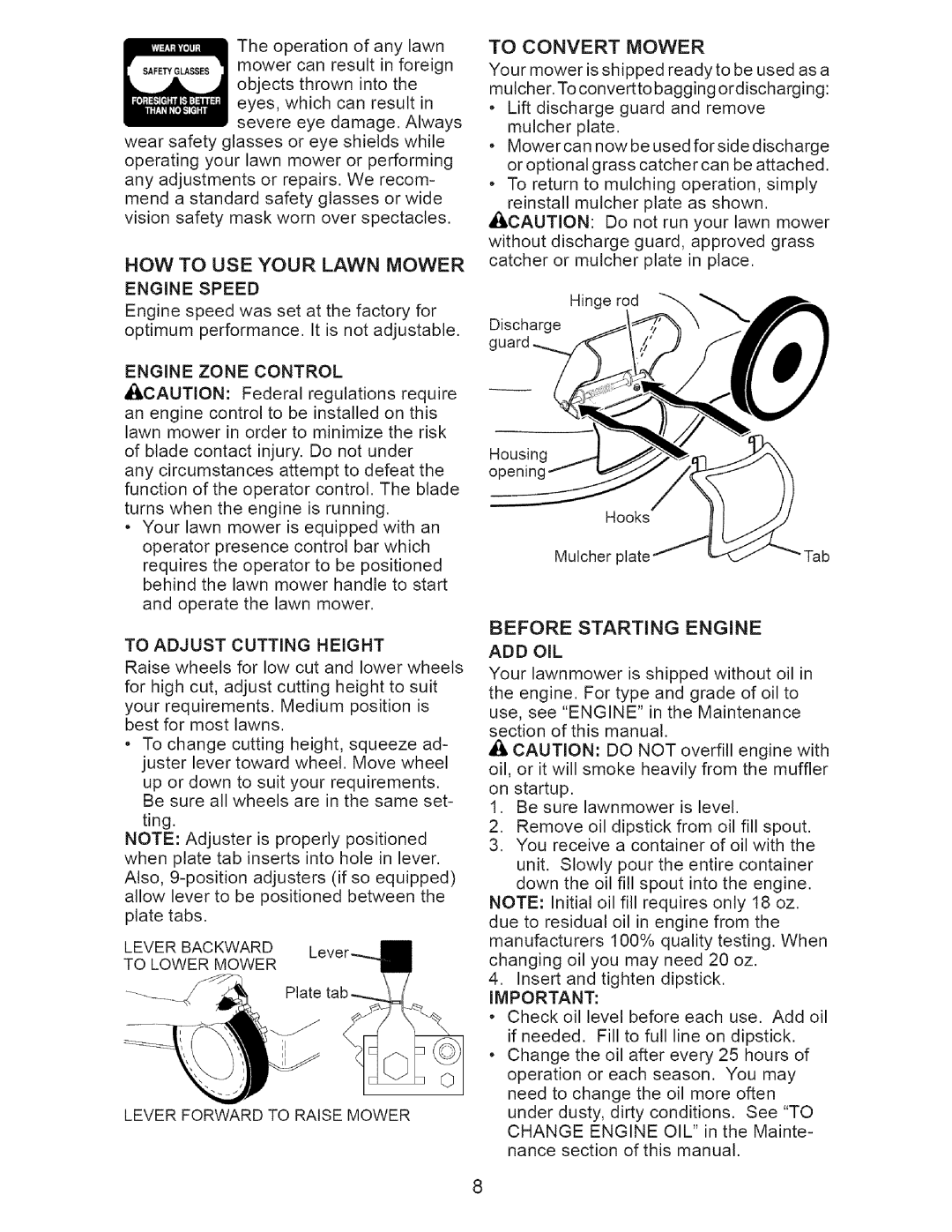 Craftsman 917.385192 owner manual HOW to USE Your Lawn Mower Engine Speed, Engine Zone Control, To Adjust Cutting Height 