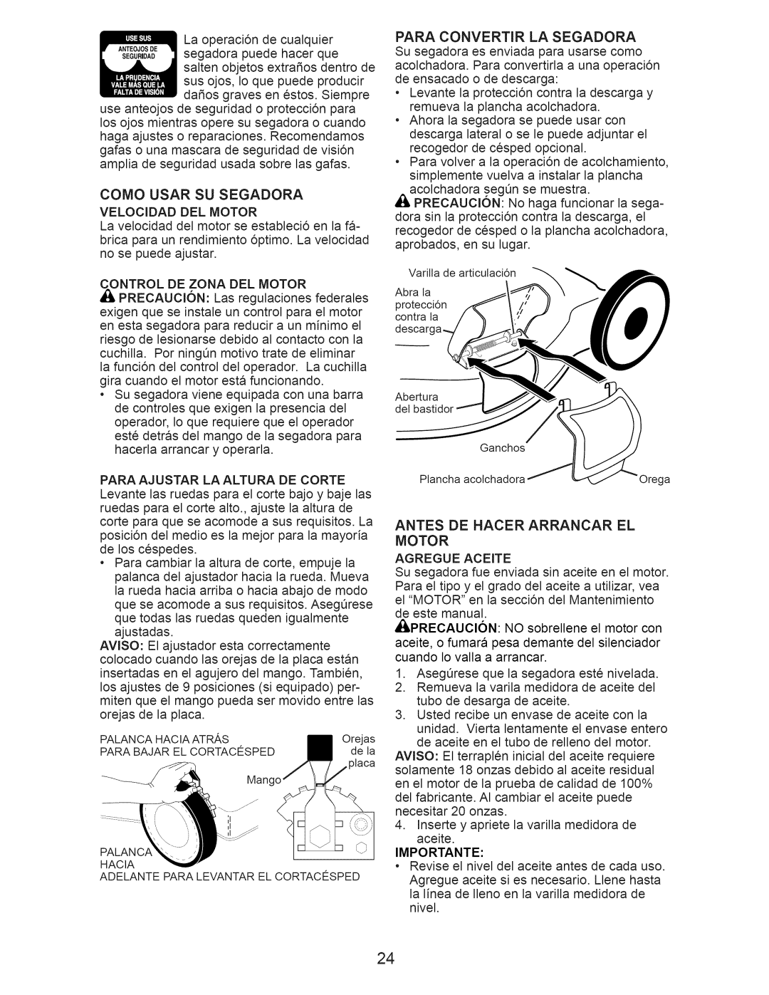 Craftsman 917.385270 owner manual Como Usar SU Segadora, Control DE Zona DEL Motor, Para Convertir LA Segadora 