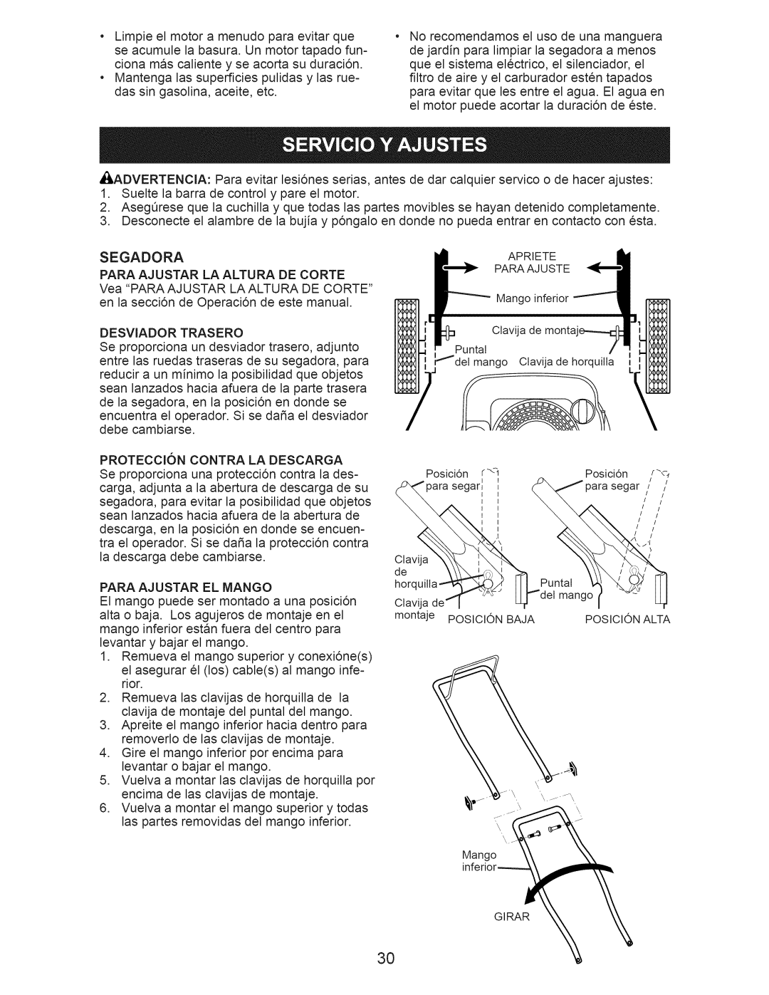 Craftsman 917.385270 owner manual Para Ajustar LA Altura DE Corte, Desviador Trasero, PROTECCI6N Contra LA Descarga 